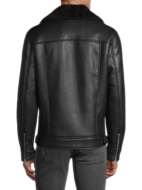 Men's Sheepskin Leather Shearling Biker Jacket In Back