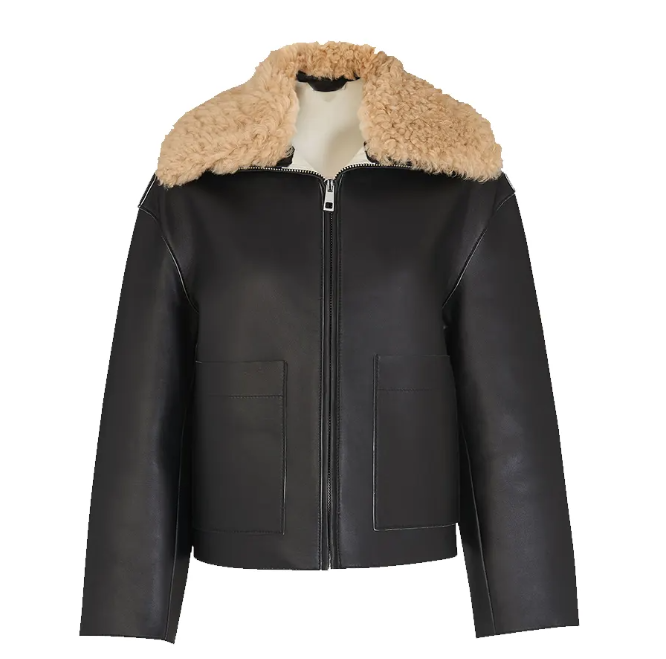 Women's Brown Sheepskin Fur Leather Jacket In Black