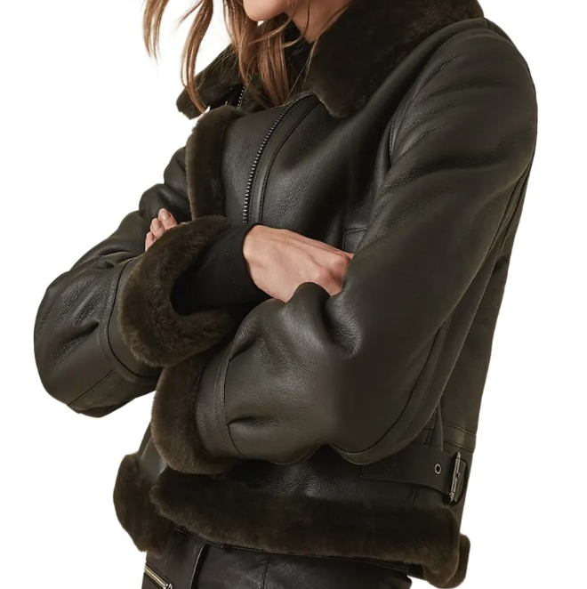 Women's Sheepskin Aviator Leather Jacket In Black