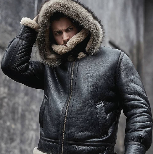 Men's Shearling Aviator Parka Leather Jackets In Black