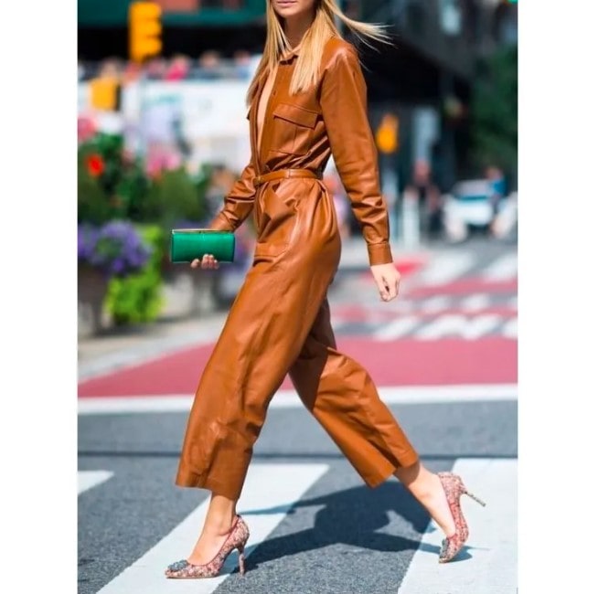 Women's Leather Jumpsuit In Brown