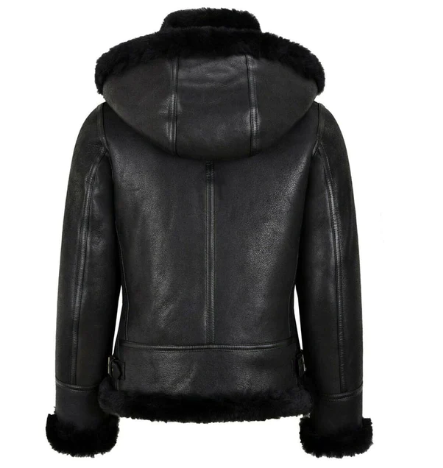 Women's Sheepskin Bomber Leather Jacket In Black With Hood