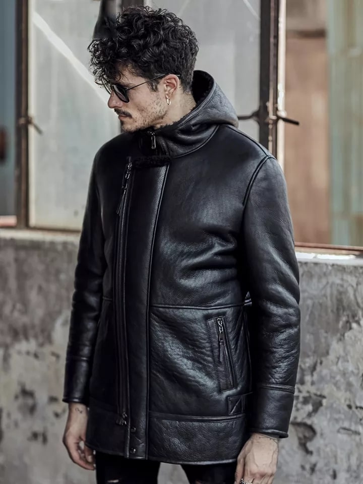 Men's Shearling Coat In Black With Hood