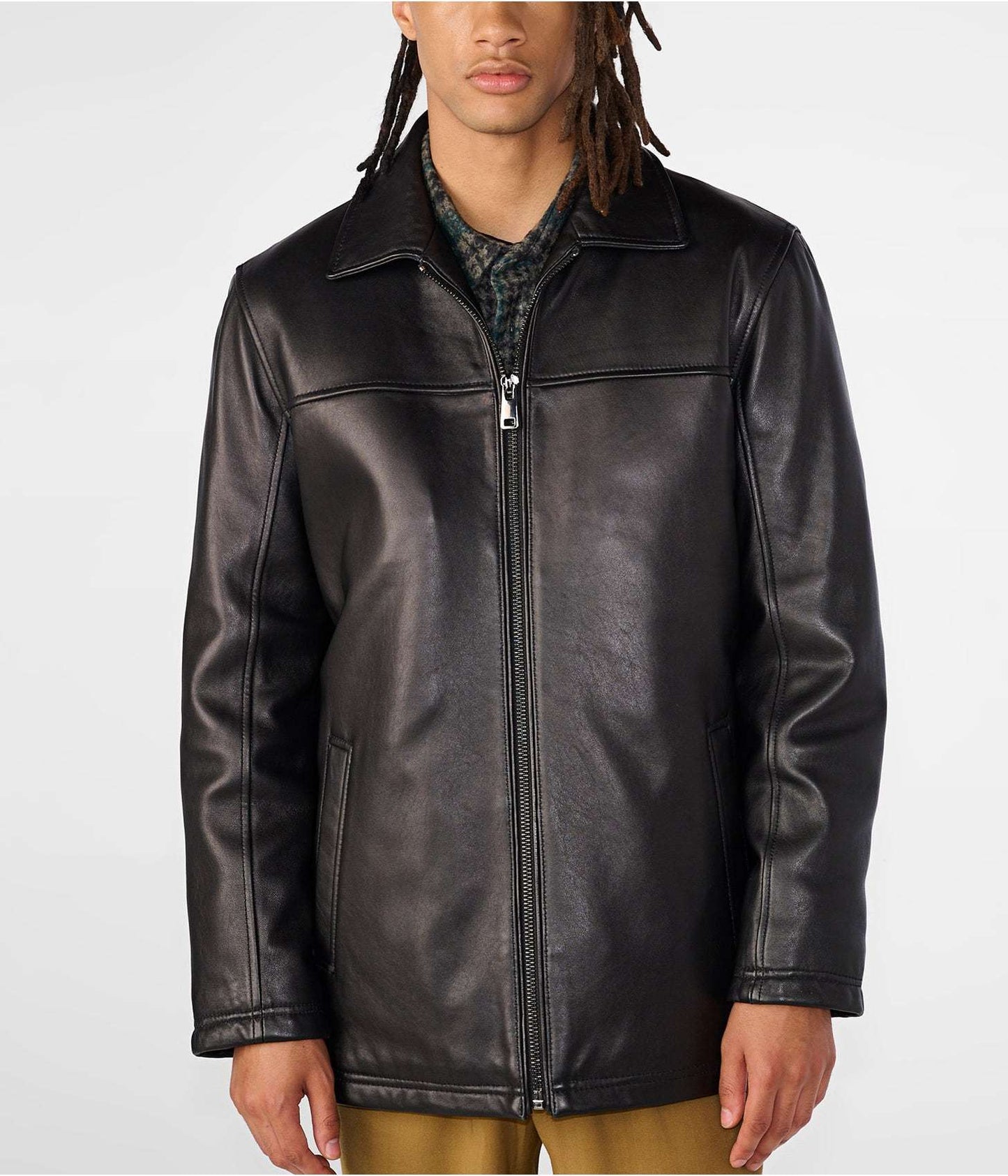 Men's Leather Harrington Jacket In Black