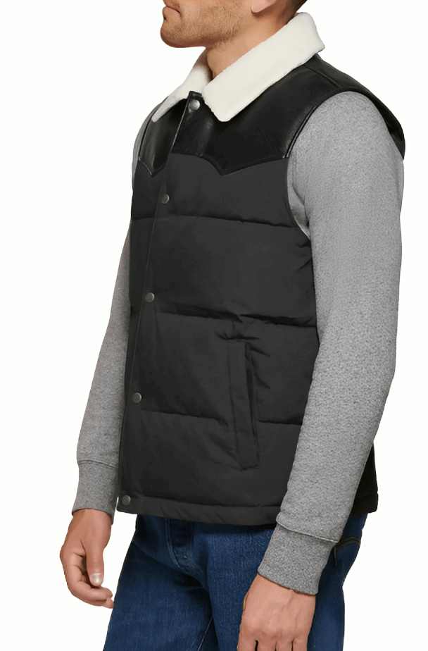 Men's Puffer Leather Vest In Black With Shearling Collar