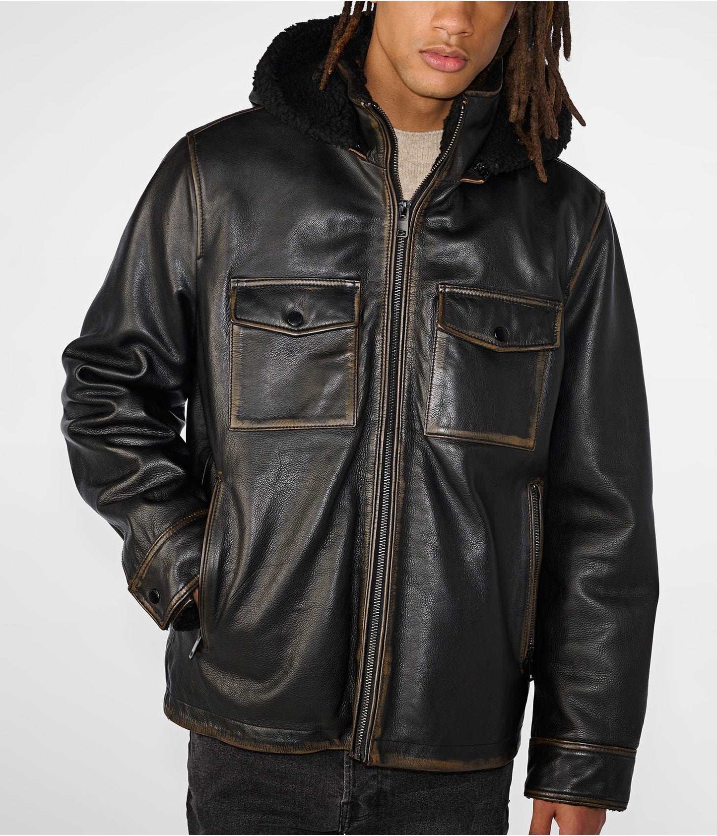Men's Distressed Leather Harrington Shearling Jacket In Black