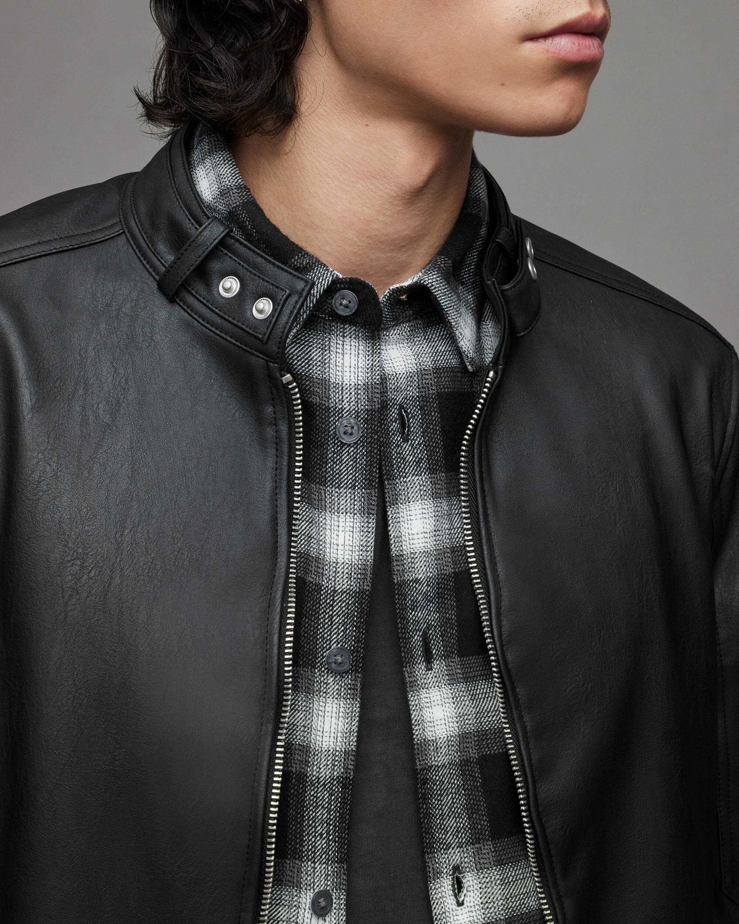 Men's Leather Harrington Jacket In Black With Band Collar