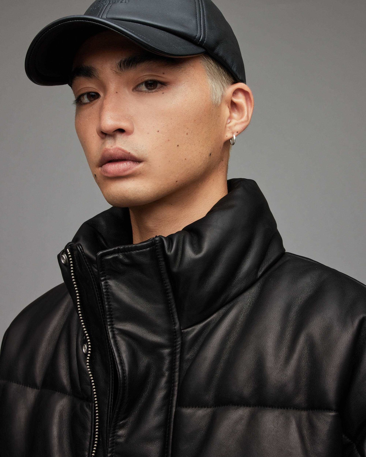 Men's Leather Puffer Jacket In Black With Turtle Neck