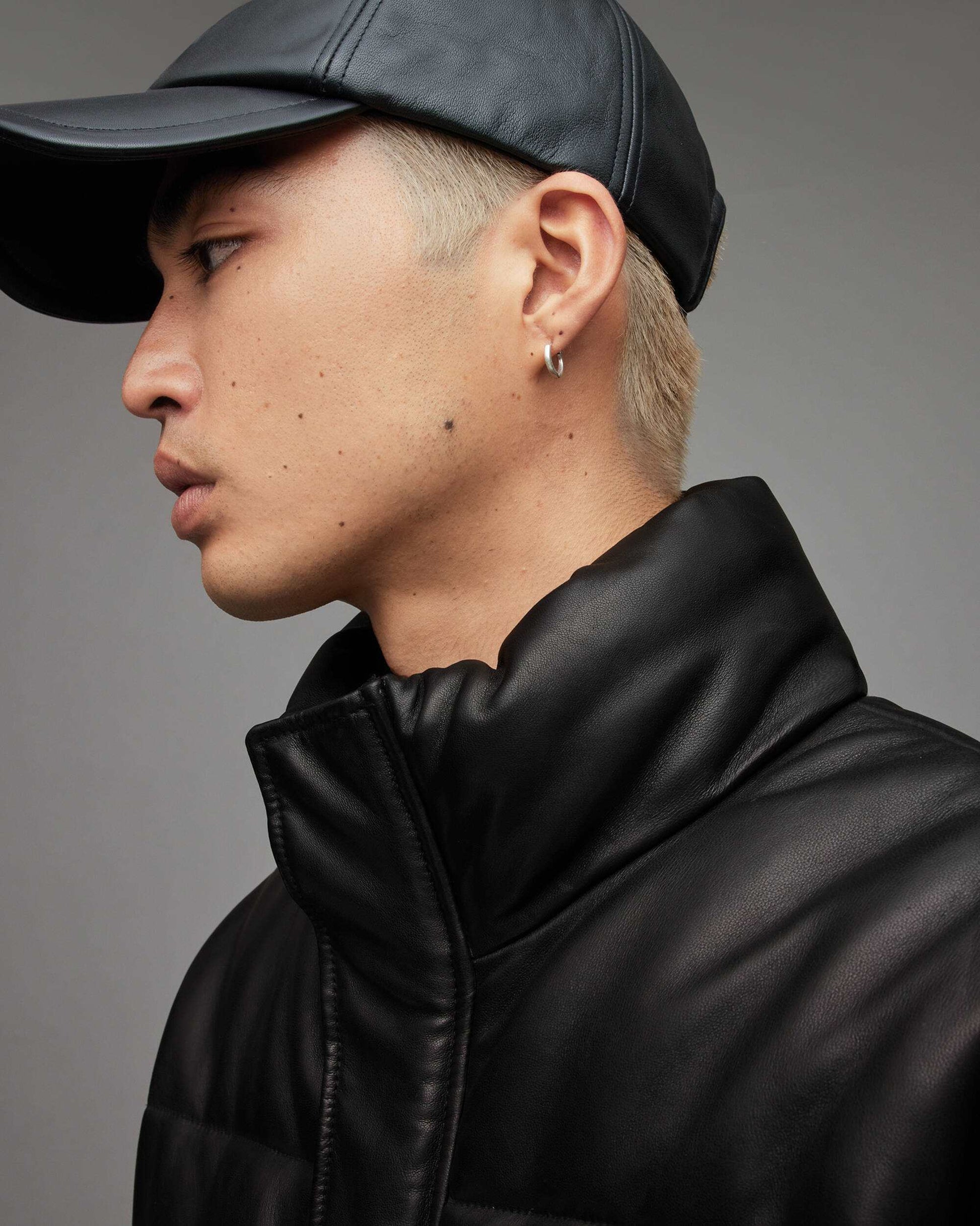 Men's Leather Puffer Jacket In Black With Turtle Neck