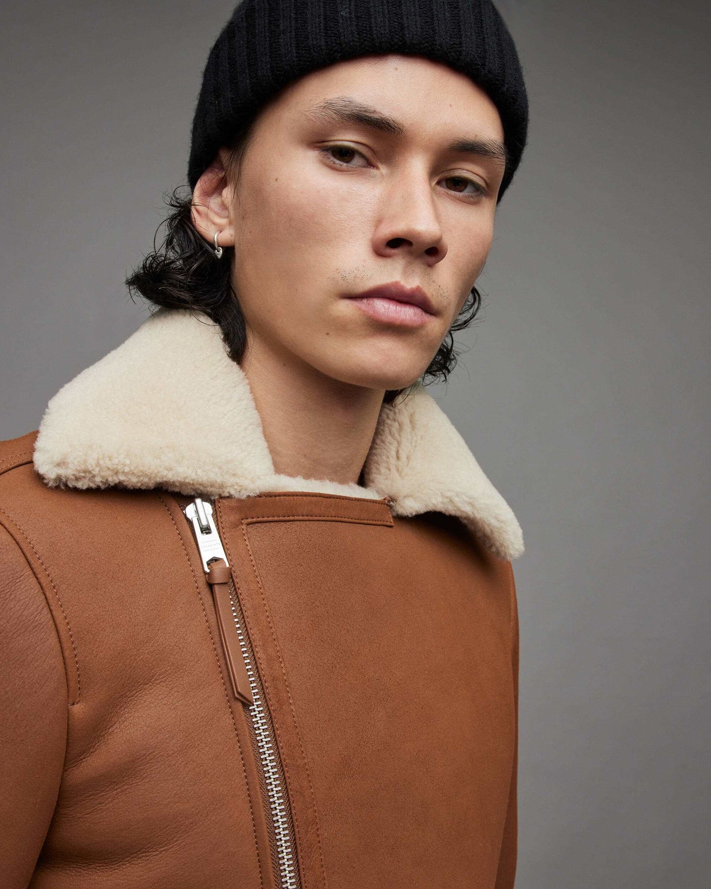 Men's Leather Shearling Biker Jacket In Tan Brown