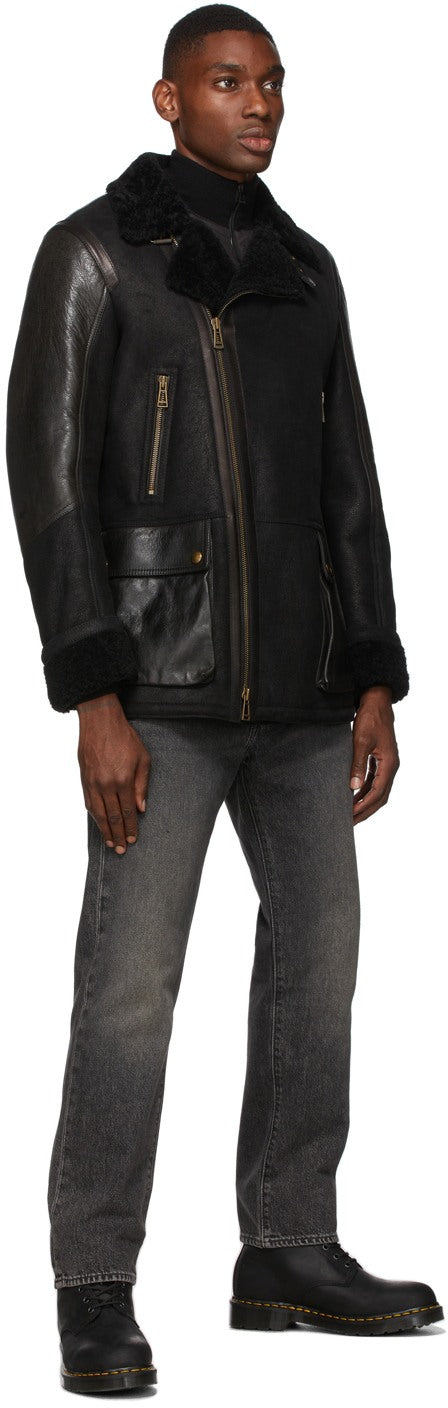 Men's Sheepskin Leather Jacket In Black