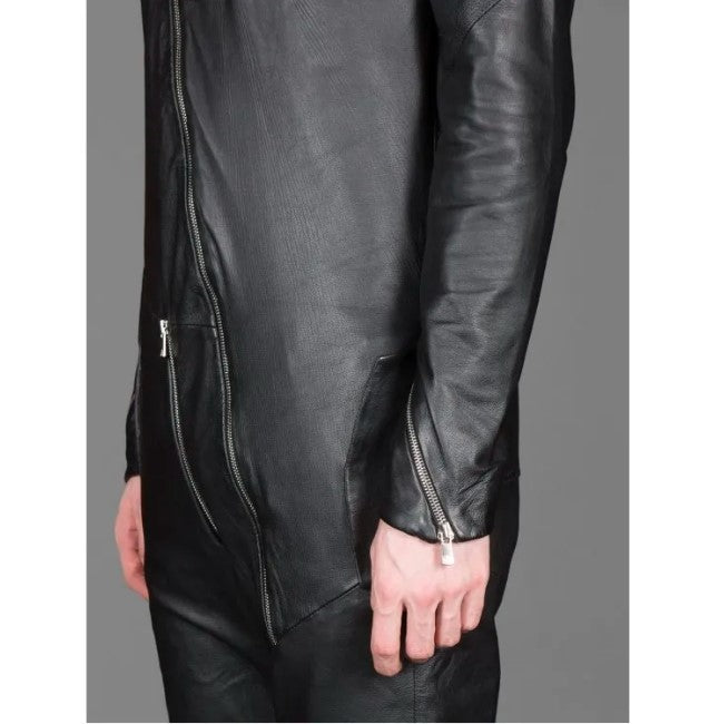 Men's Slim Fit Black Leather Jumpsuit With Front Zip