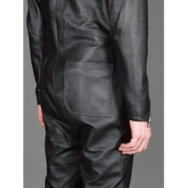 Men's Slim Fit Black Leather Jumpsuit With Front Zip