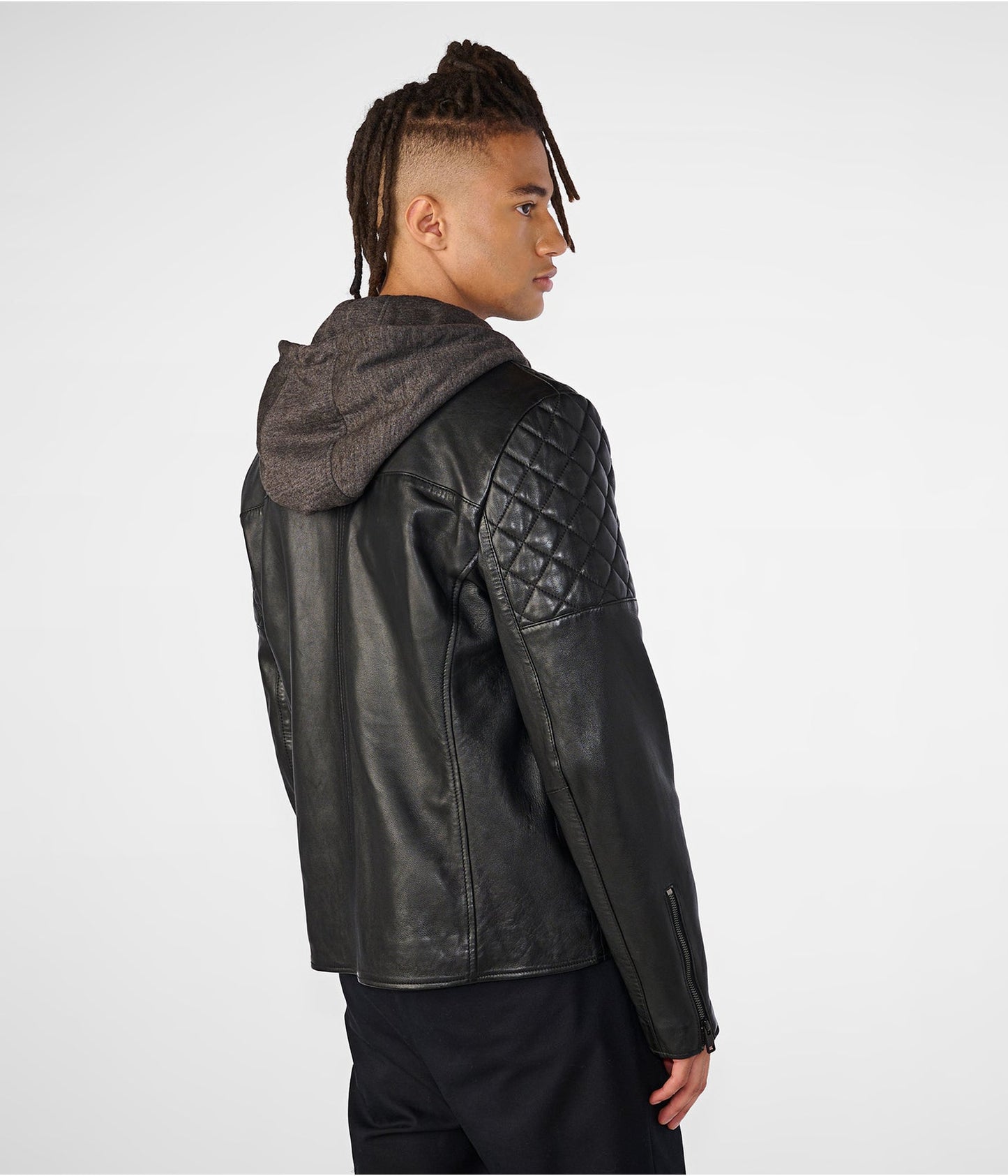 Men's Leather Removable Hood Moto Jacket In Black