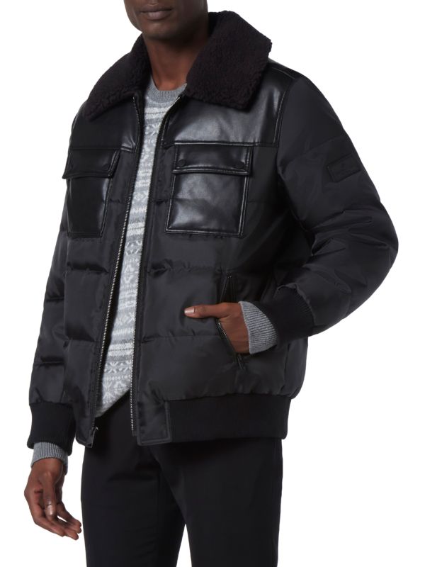 Men's Sheepskin Puffer Leather Jacket In Black