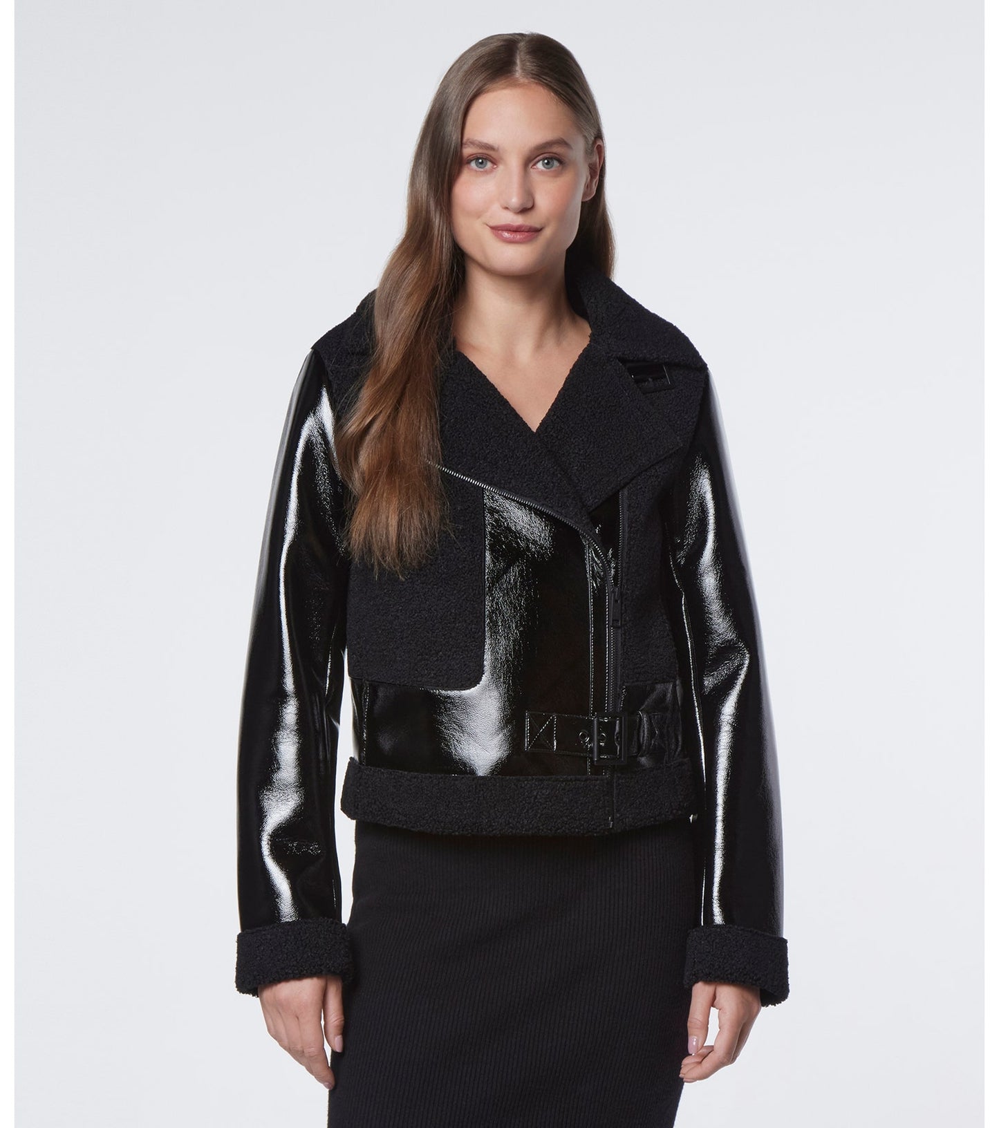 Women's Shearling Biker Leather Jacket In Black