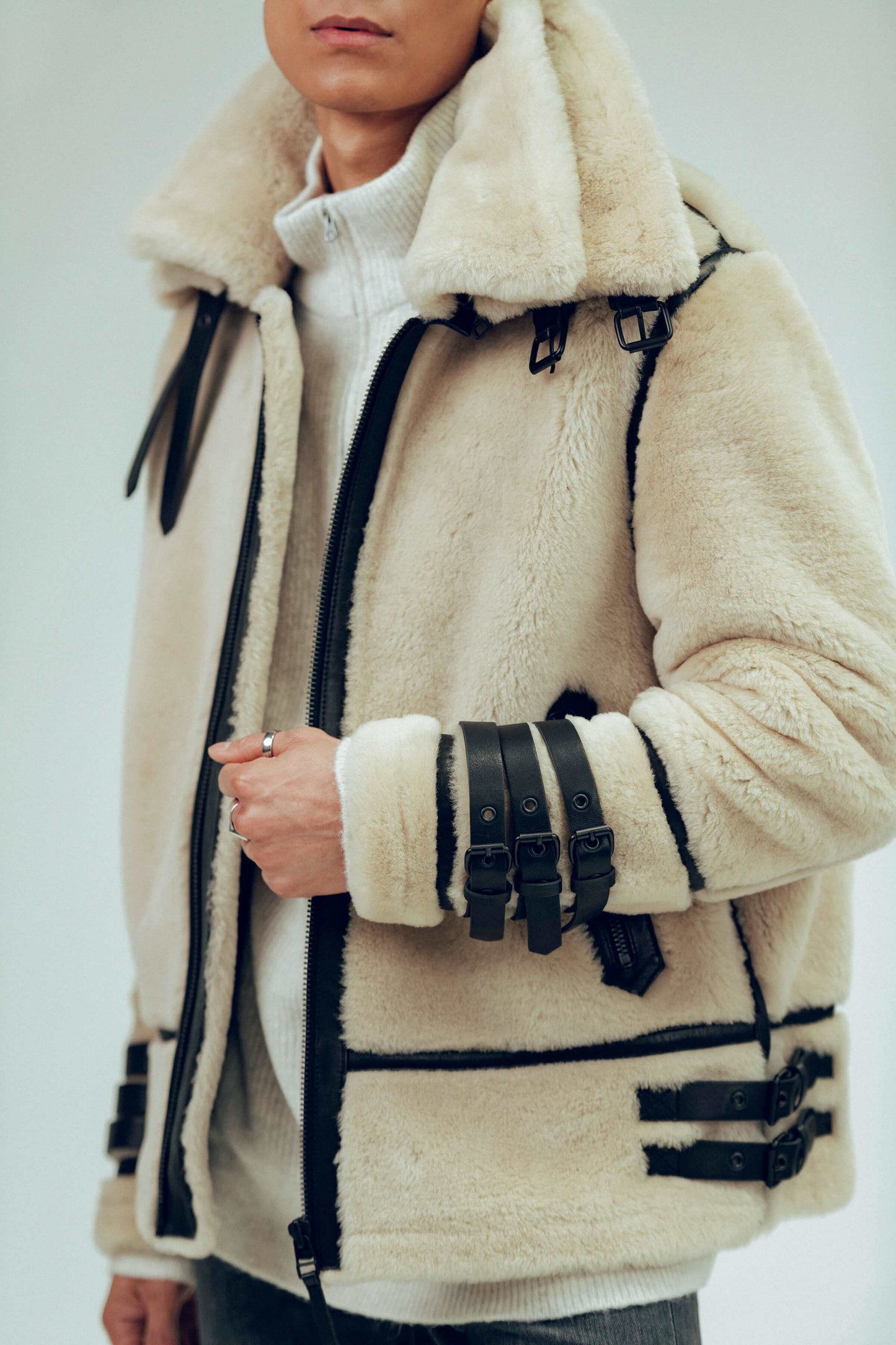 Men's Sheepskin Leather Shearling Jacket In Off White