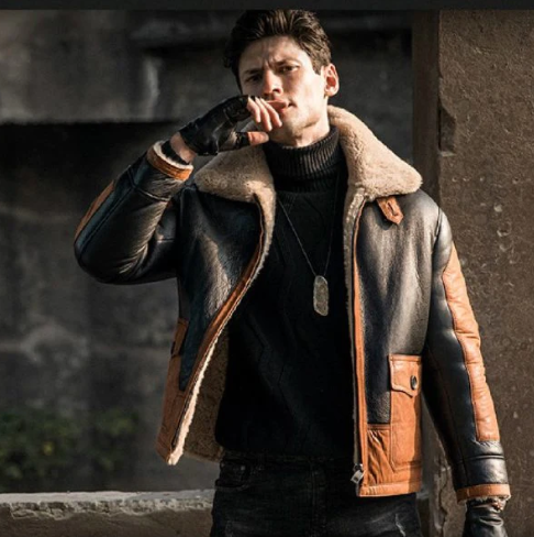 Men's Aviator Fur Sheepskin Jacket In Black & Brown