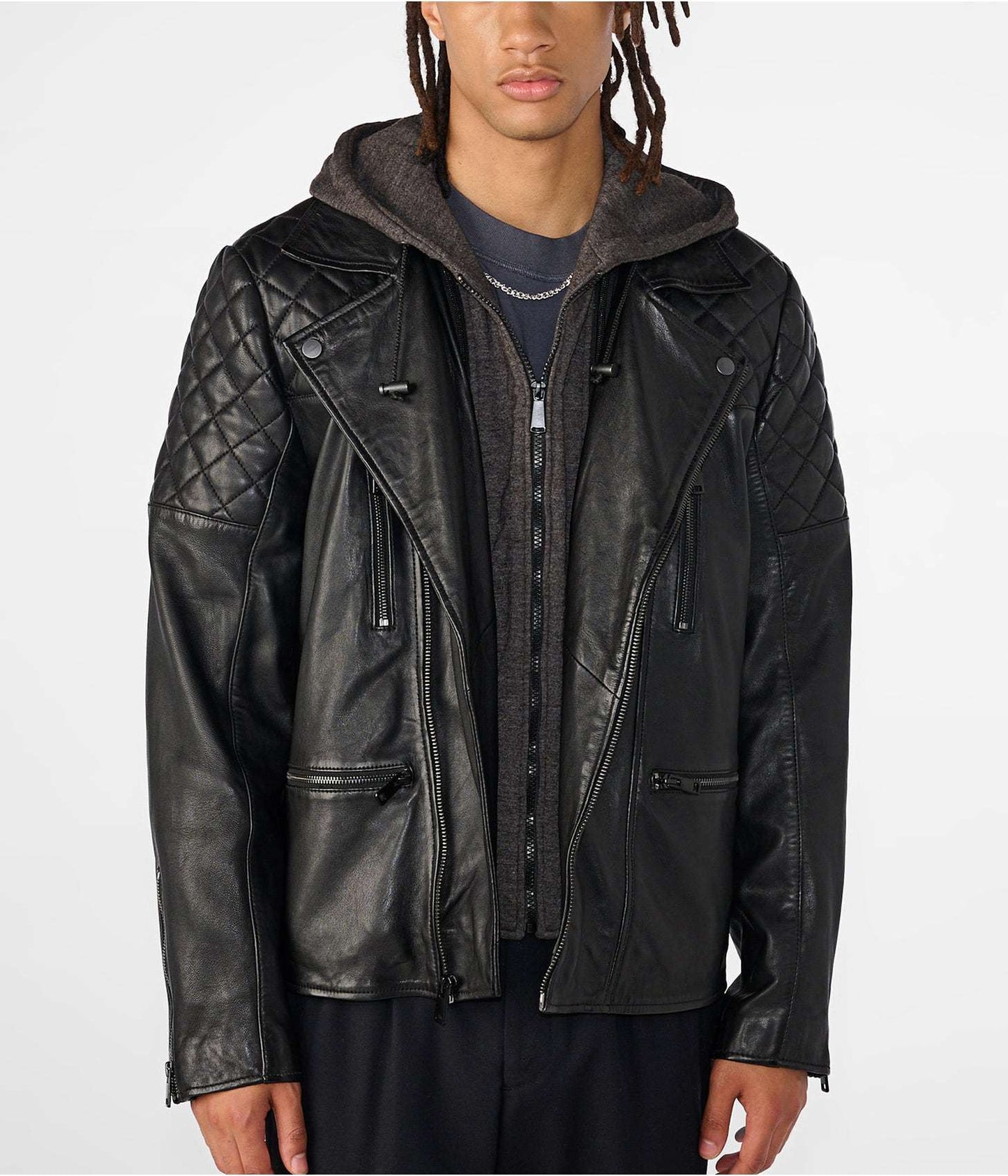 Men's Leather Removable Hood Moto Jacket In Black