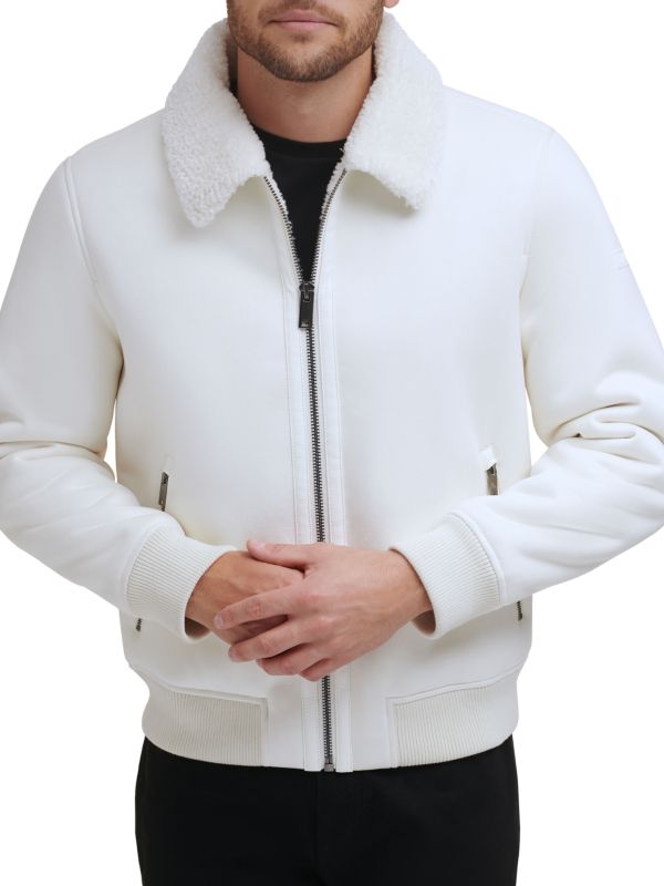 Men's Sheepskin Bomber Leather Jacket In White