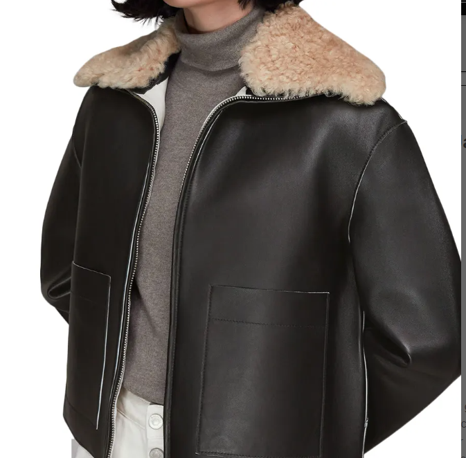 Women's Brown Sheepskin Fur Leather Jacket In Black