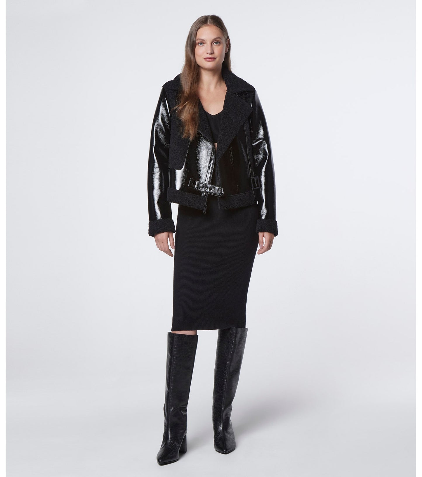 Women's Shearling Biker Leather Jacket In Black