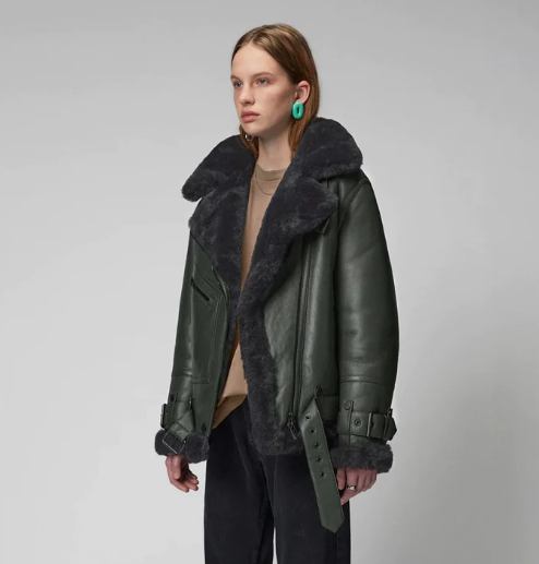 Women's Sheepskin Bomber Biker Leather Jacket In Khaki