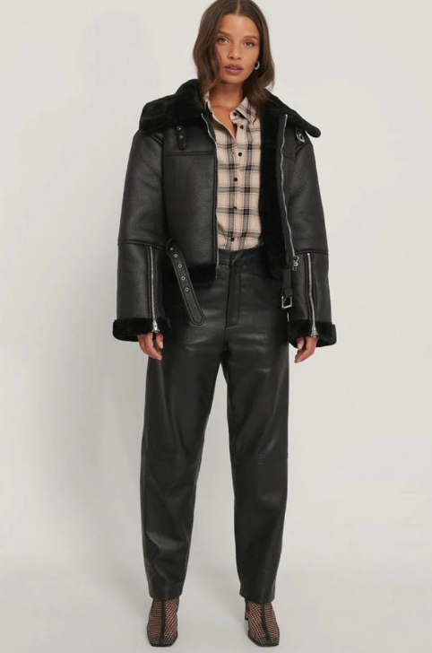 Women's Sheepskin Fur Bomber Leather Jacket In Black