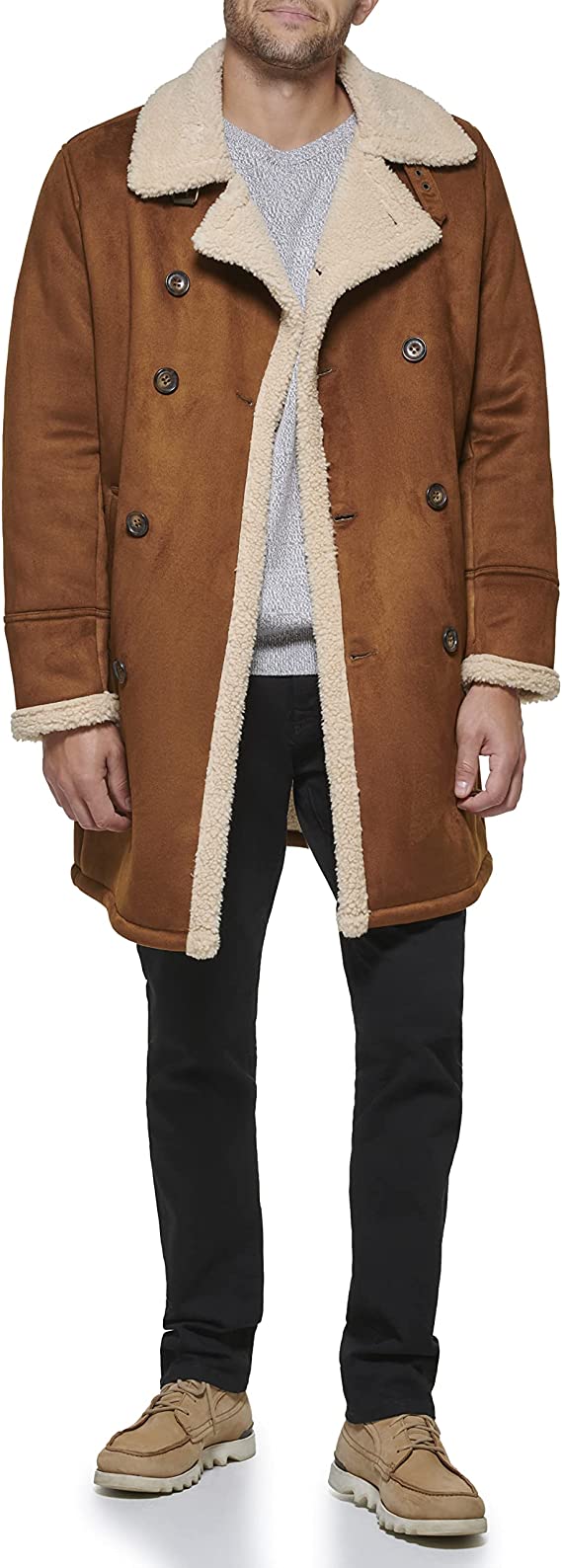 Men's Suede Leather Shearling Coat In Tan Brown