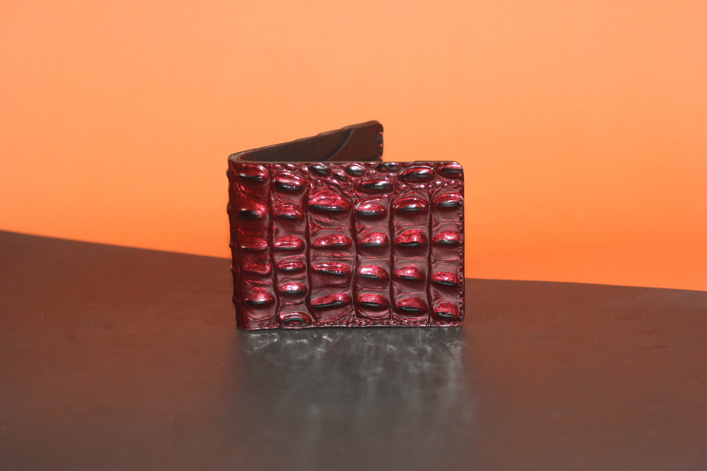 Unisex Genuine Leather Wallet With High-Glossed Maroon Crocodile Textured Finish