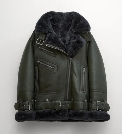Women's Sheepskin Bomber Biker Leather Jacket In Khaki
