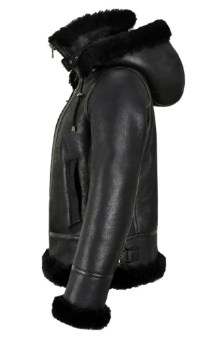 Women's Sheepskin Bomber Leather Jacket In Black With Hood