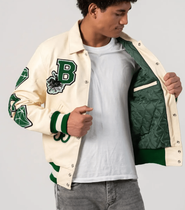 Boston Limited Edition Bomber Varsity Leather Jacket In Off White