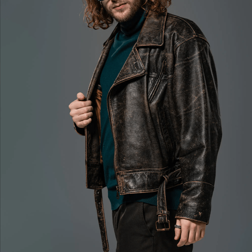 Men's Distressed Leather Vintage Jacket In Black With Belt