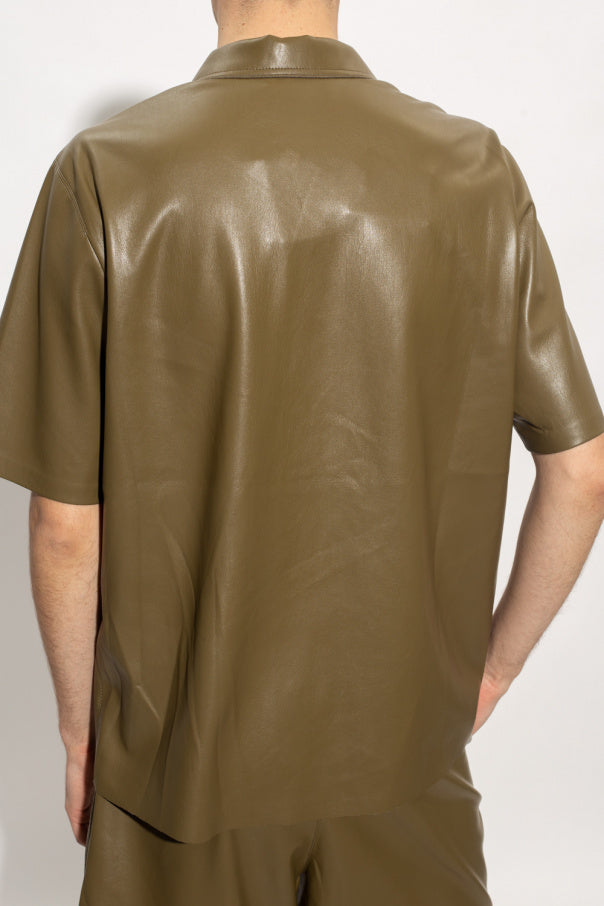 Men's Olive Green Leather Shirt In Half Sleeve