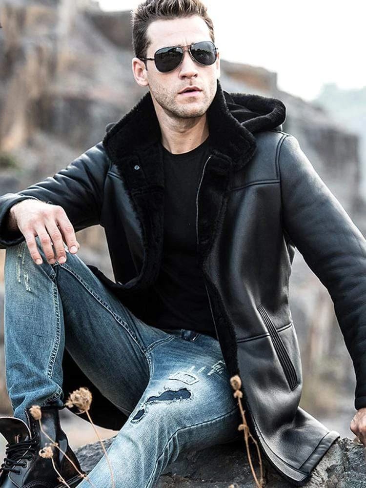 Men's Sheepskin Fur Leather Coat In Black With Hood