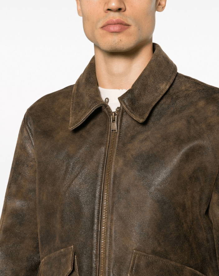 Men's Vintage Shearling Bomber Leather Jacket In Dark Brown