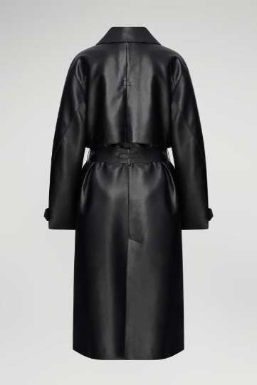 Women's Belted Trench Leather Coat In Black