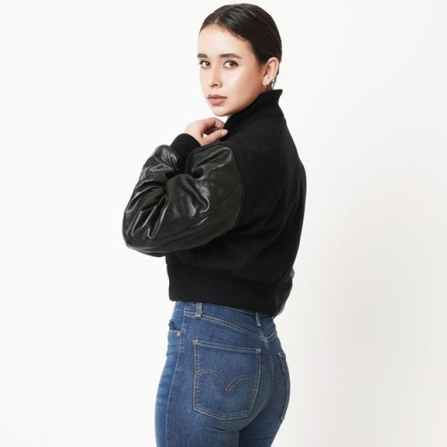 Women's Letterman Cropped Leather Jacket In Black