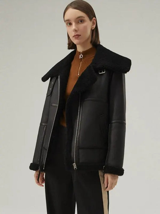 Arcane Fox - Women's Shearling Aviator Leather Jacket In Matte Black