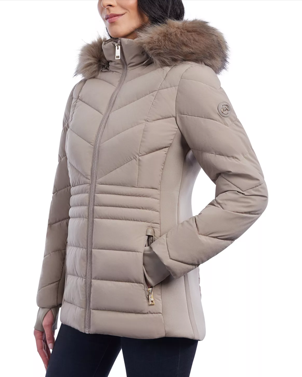 Arcane Fox - Women's Puffer Parka Jacket In Beige With Fur Hood