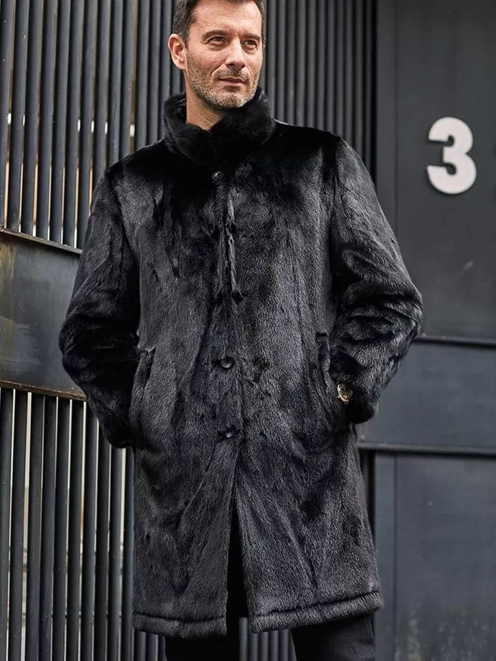 Men's Double Sided Long Shearling Coat In Black