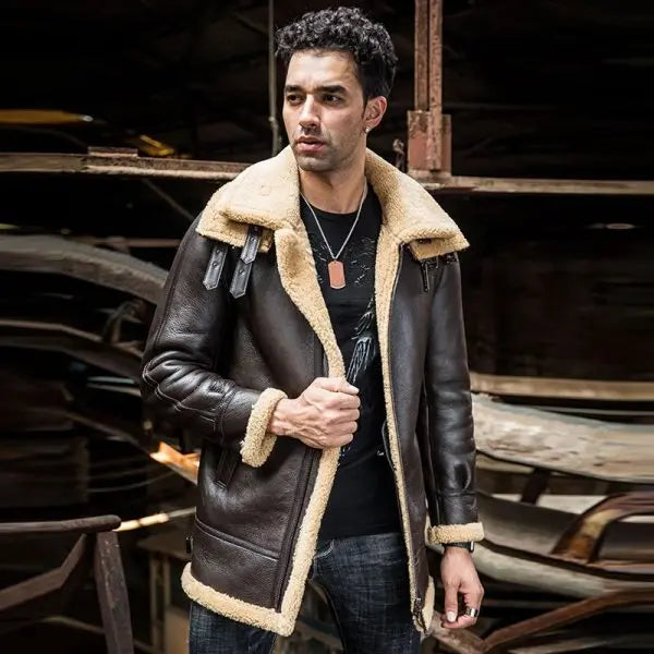 Arcane Fox - Men's Shearling B3 Parka Leather Jacket In Coffee Brown