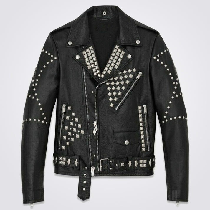 Arcane Fox - Men's Belted Biker Studded Leather Jacket In Black