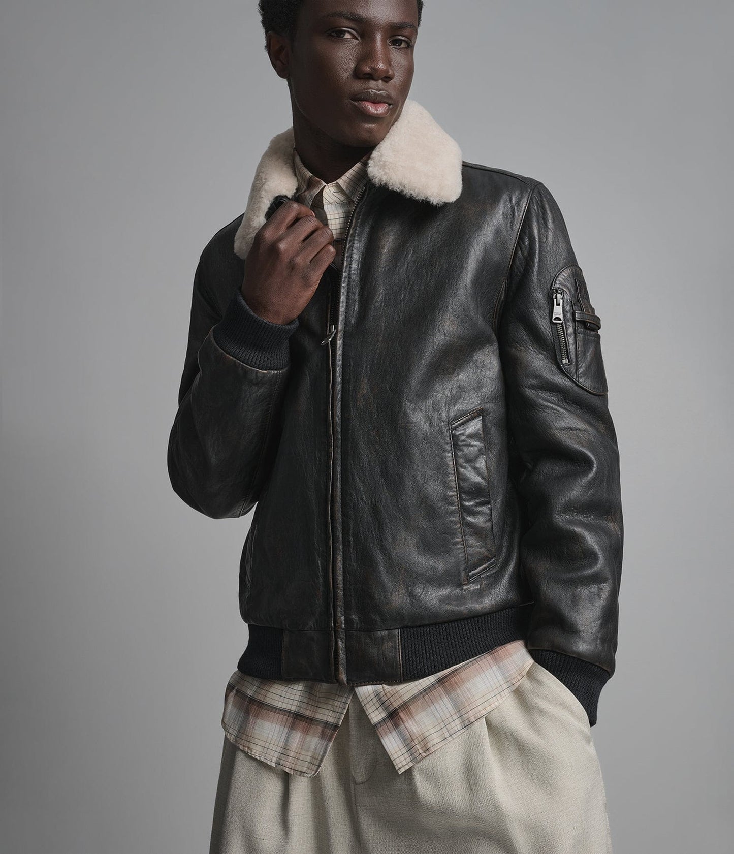 Men's Black Bomber Shearling Leather Jacket - Arcane Fox