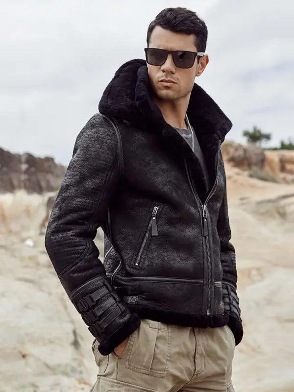 Arcane Fox - Men's Shearling B3 Motorcycle Leather Jacket In Black