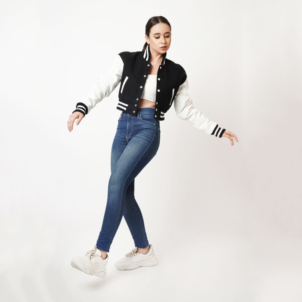 Women's Cropped Varsity Leather Jacket In Black & White Sleeves