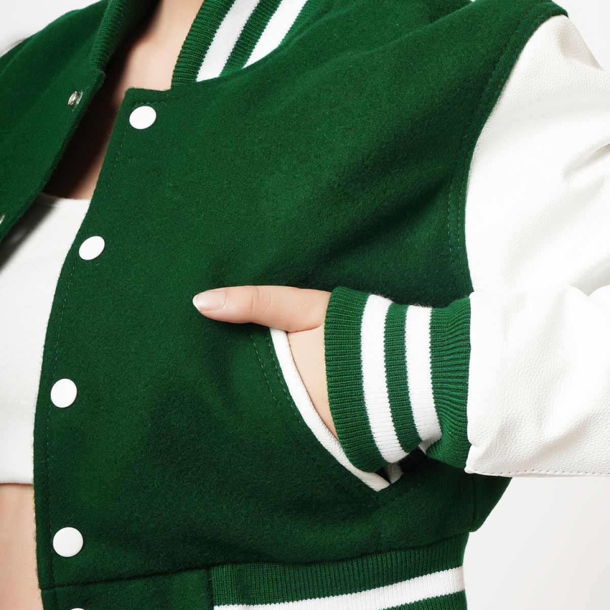 Women's Cropped Varsity Leather Jacket In Green & White Sleeves