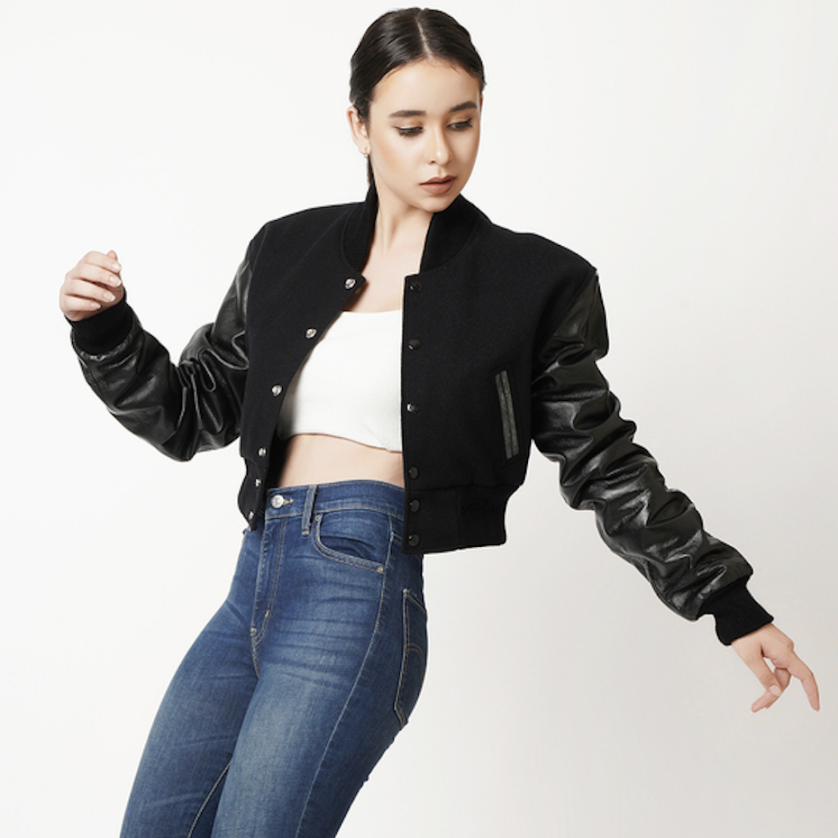 Women's Letterman Cropped Leather Jacket In Black