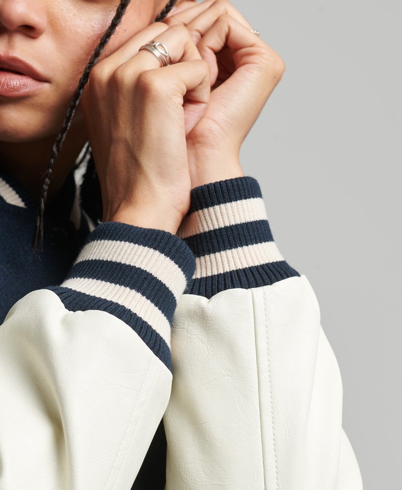 Women's Varsity Bomber Leather Jacket In Black & White Sleeves